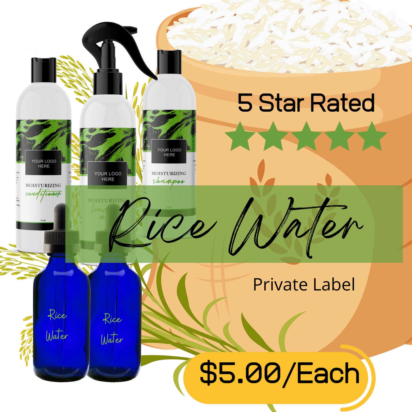 100 Pc Rice Water Bundle: 20 Each Shampoos, Conditioners, Leave In, Growth Oil & Hair Infusions